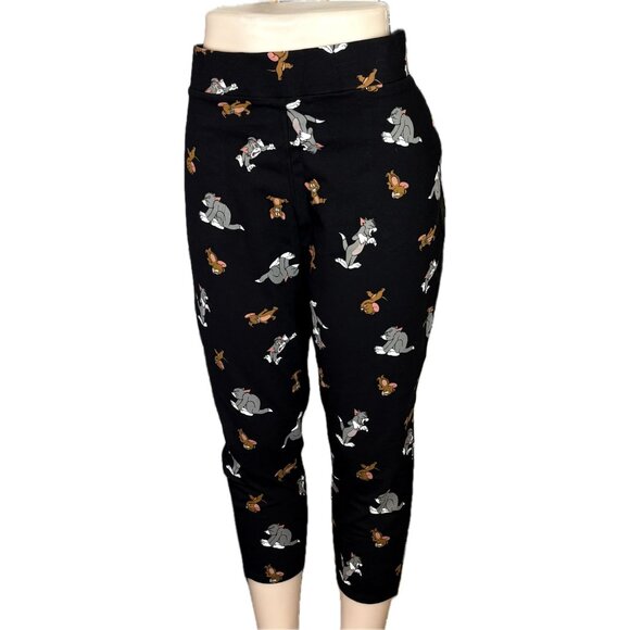 Warner Bros +4 Black Stretch High Waist Tom and Jerry Graphic Cotton Crop Pants - Picture 2 of 6